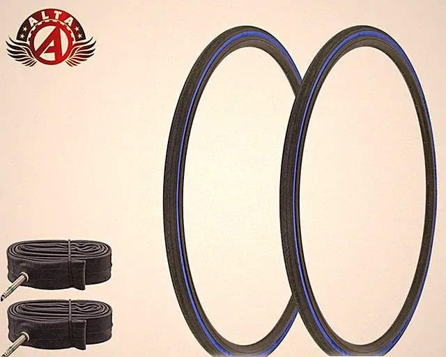 2 ALTA BICYCLE 700 x 25c LIGHTWEIGHT BLACK/BLUE SLICK TIRES w/60MM PRESTA TUBES.