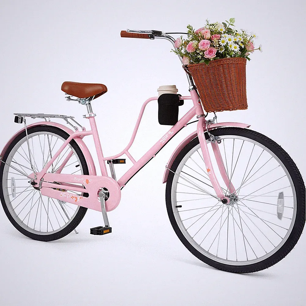26-Inch Beach Cruiser Bike w/Adjustable Seat, Woven Basket & Rear Rack for City