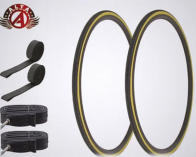 ALTA BICYCLE 700 x 25c LIGHTWEIGHT BLACK/GUM SLICK TIRES 60MM PRESTA TUBES (6pc)