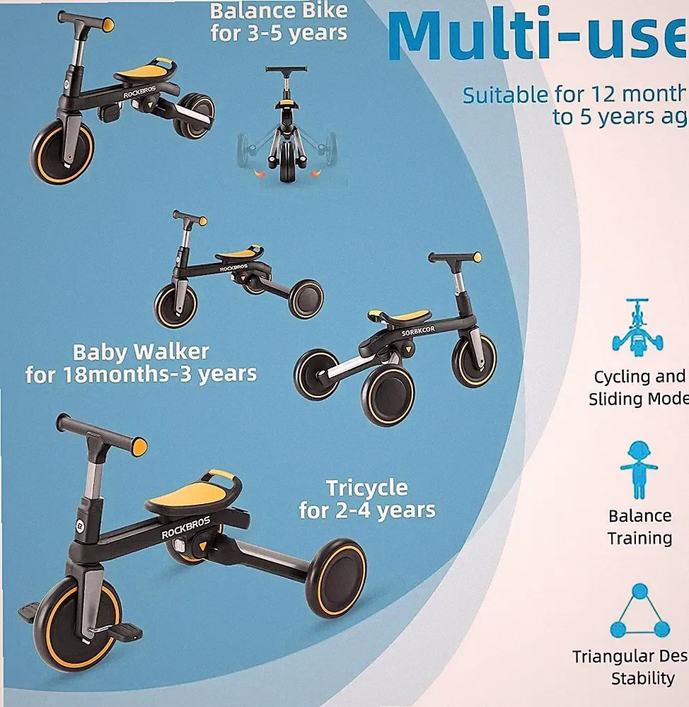 ROCKBROS Balance Bike Toddler Tricycle 3 in 1 for Kids Foldable Max Weight 55LBS